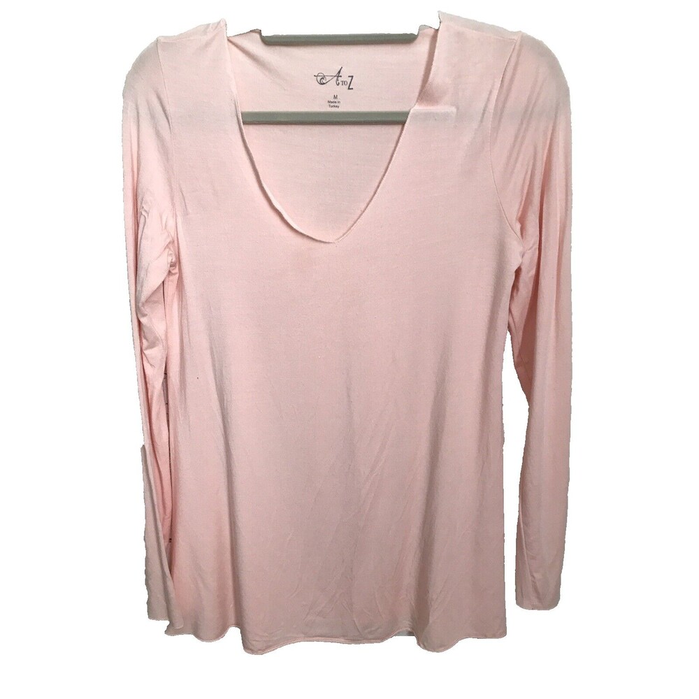 A to Z Women's Size M LOOSE FIT MODAL V-NECK TOP Light Pink Long Sleeves EUC